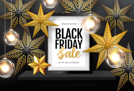 Black friday sale poster with black and gold paper star decorations and electric lamps. vector illustrationのイラスト素材