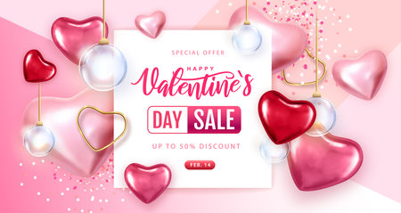 Happy Valentines Day big sale typography poster with pink and red hearts. vector illustrationのイラスト素材