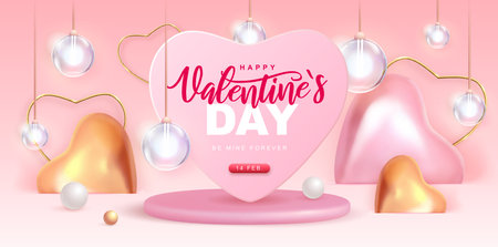 Happy Valentines Day poster with 3D pink and gold love hearts. Valentine interior design. vector illustrationのイラスト素材