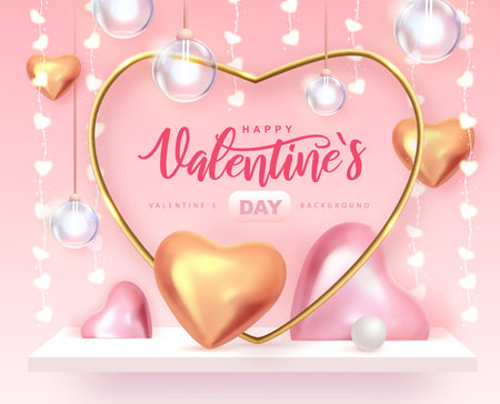 Happy Valentines Day poster with 3D pink and gold love hearts. Valentine interior design. vector illustrationのイラスト素材