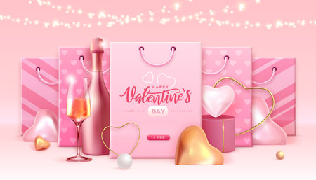Happy Valentines Day typography poster with 3D love hearts and paper bags. vector illustrationのイラスト素材