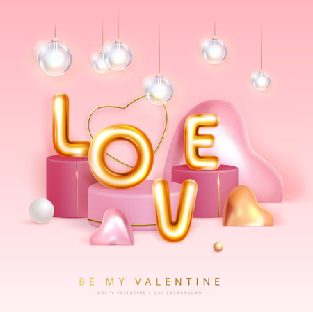 Happy Valentines Day poster with 3D chromic letters and love hearts. Holiday greeting card. vector illustrationのイラスト素材