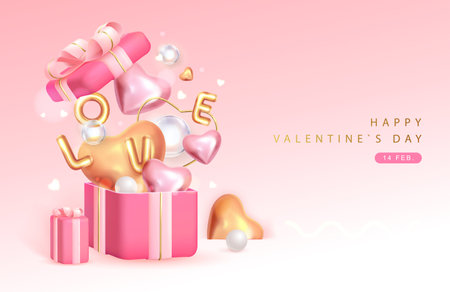 Happy Valentines Day poster with 3D pink and gold love hearts and gift box. Valentine holiday background. vector illustrationのイラスト素材