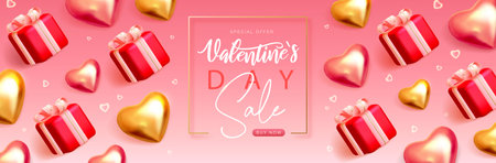 Happy Valentines Day sale top view poster with 3D love hearts and gift boxes. Valentine holiday background. vector illustrationのイラスト素材