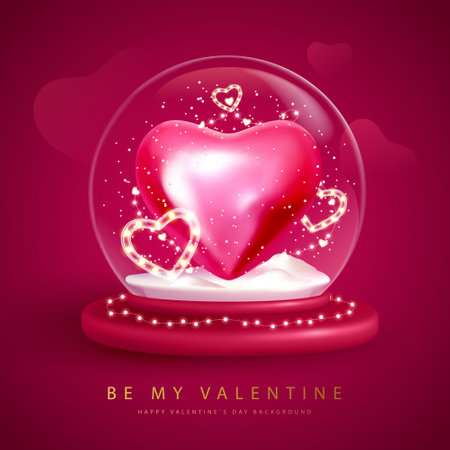 Happy Valentines Day typography poster with 3D snow globe and love hearts. Vector illustrationのイラスト素材
