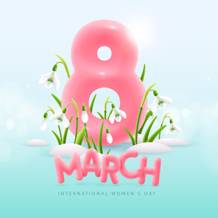 International happy women`s day greeting card. Realistic pink plastic number eight and Snowdrop Flowers. March 8. Vector illustrationのイラスト素材