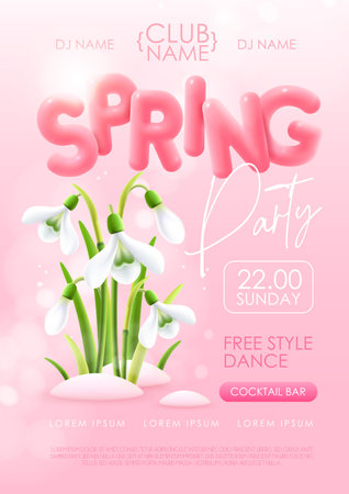 Spring disco party typography poster with realistic full blossom snowdrops and 3d text on pink background. Vector illustrationのイラスト素材