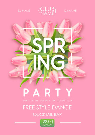 Spring disco party typography poster with realistic full blossom tulips and 3d text on pink background. Vector illustrationのイラスト素材