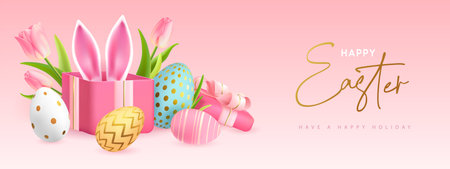 Happy Easter typography background with colorful easter eggs, open gift box and rabbit ears. Greeting card or poster. Vector illustrationのイラスト素材