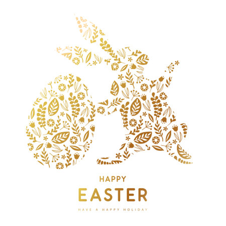 Easter egg and rabbit silhouette with decorative floral ornament. Happy Easter holiday background. Greeting card or poster. Vector illustrationのイラスト素材