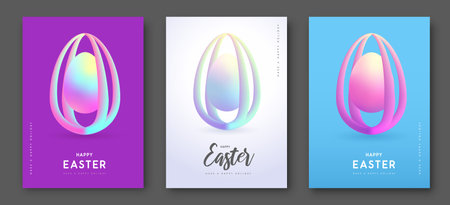 Set of Easter modern covers with flow gradient 3D easter eggs. Set of posters, greeting cards or banners. Vector illustrationのイラスト素材