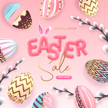 Happy Easter typography big sale poster with colorful chocolate easter eggs and willow branch. Greeting card or poster. Vector illustrationのイラスト素材