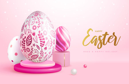Happy Easter holiday background with easter eggs and floral ornament. Greeting card or poster. Vector illustrationのイラスト素材