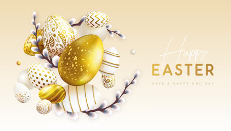 Happy Easter holiday background with golden easter eggs and willow branches. Greeting card or poster. Vector illustrationのイラスト素材