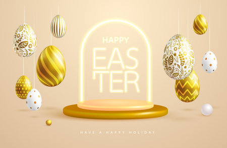 Happy Easter holiday background with golden easter eggs and neon frame. Greeting card or poster. Vector illustrationのイラスト素材