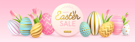 Happy Easter typography big sale poster with colorful easter eggs and spring tulips. Greeting card or poster. Vector illustrationのイラスト素材
