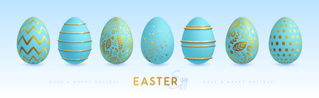 Set of blue easter eggs with golden elements.  Happy Easter holiday background. Greeting card or poster. Vector illustrationのイラスト素材