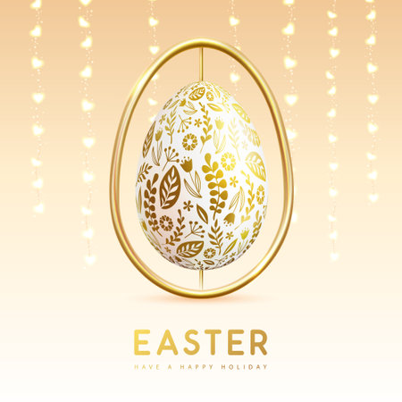 Happy Easter typography background with golden easter egg and string of lights. Greeting card or poster. Vector illustrationのイラスト素材