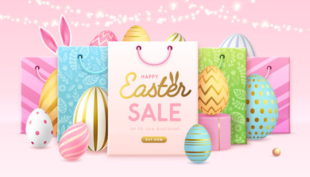 Happy Easter typography big sale poster with colorful easter eggs and shopping bags. Greeting card or poster. Vector illustrationのイラスト素材