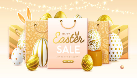 Happy Easter typography big sale poster with gold easter eggs and shopping bags. Greeting card or poster. Vector illustrationのイラスト素材