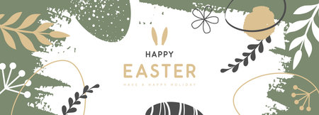 Happy Easter eggs with floral decorative elements and rabbit ears. Flat style. Modern Easter background. Greeting card or poster. Vector illustrationのイラスト素材