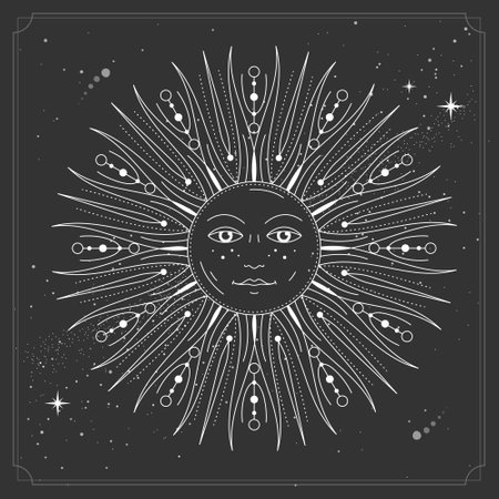 Modern magic witchcraft card with astrology sun sign with human face.Vecto illustration of sun with human faceのイラスト素材