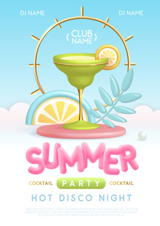 Summer cocktail disco party typography poster with 3D plastic text, cocktail and tropic fruits. Vector illustrationのイラスト素材