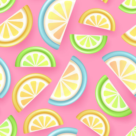 Seamless pattern with 3D plastic tropic fruits. Summer background. Vector illustrationのイラスト素材