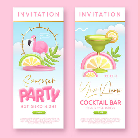 Summer cocktail  disco party typography poster with 3D plastic text, cocktail, tropic leaves and flamingo. Invitation design. Vector illustrationのイラスト素材