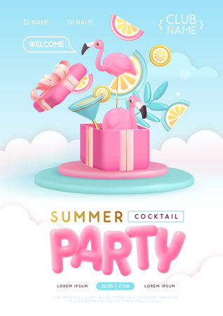 Summer cocktail disco party typography poster with 3D plastic text, cocktail, tropic leaves and flamingo. Vector illustrationのイラスト素材