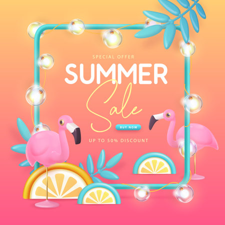 Summer big sale typography poster with 3d plastic flamingo, tropic fruits and tropic leaves. Summer background. Vector illustration.のイラスト素材