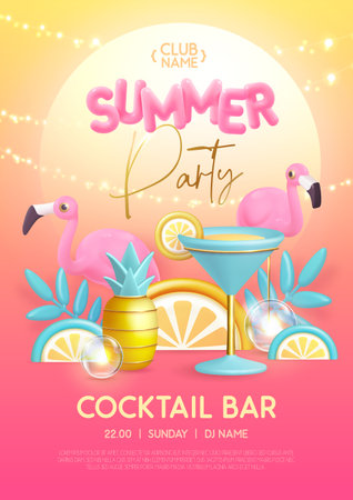 Summer cocktail disco party typography poster with 3D plastic text, flamingo, cocktail and tropic leaves. Vector illustrationのイラスト素材