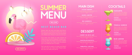 Restaurant summer menu design with 3D plastic cocktails, tropic fruits and flamingo. Vector illustrationのイラスト素材