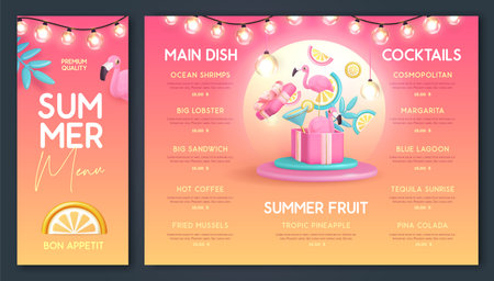 Restaurant summer menu design with 3D plastic cocktail, tropic fruits and flamingo. Vector illustrationのイラスト素材