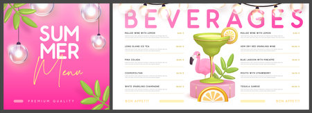Restaurant summer menu design with 3D plastic cocktail, tropic fruits and flamingo. Vector illustrationのイラスト素材