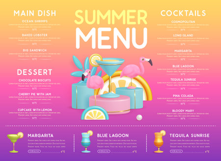Restaurant summer menu design with 3D plastic cocktails, tropic fruits and flamingo. Vector illustrationのイラスト素材