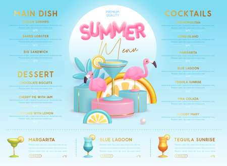 Restaurant summer menu design with 3D plastic cocktails, tropic fruits and flamingo. Vector illustrationのイラスト素材