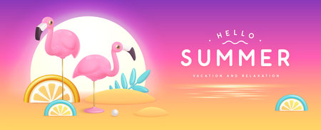 Summer poster with 3D plastic tropic fruits, leaves and flamingo. Summer background. Vector illustrationのイラスト素材