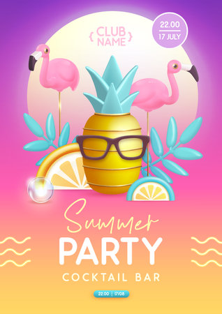 Summer disco party typography poster with 3D plastic pineapple, flamingo and tropic fruits. Vector illustrationのイラスト素材