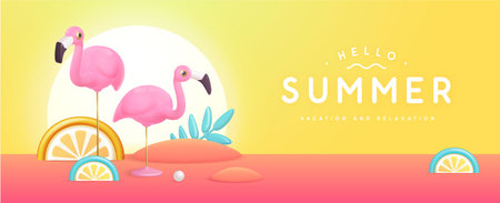 Summer poster with 3D plastic tropic fruits, leaves and flamingo. Summer background. Vector illustrationのイラスト素材