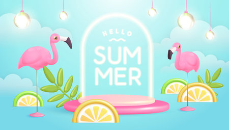 Hello Summer poster with 3D plastic tropic fruits, leaves, flamingo and neon text. Summer background. Vector illustrationのイラスト素材