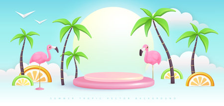 Summer background with 3D plastic tropic fruits, palm trees and flamingo. Vector illustrationのイラスト素材