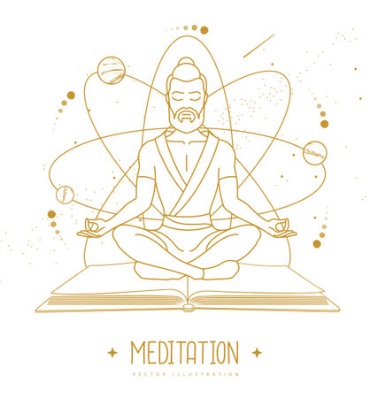 Handsome man meditation in lotus position on outer space background. Vector illustrationのイラスト素材