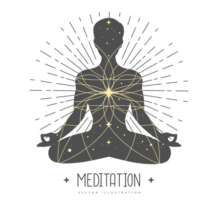 Silhouette of a meditating man with outer space, universe, stars and planets inside. Vector illustrationのイラスト素材