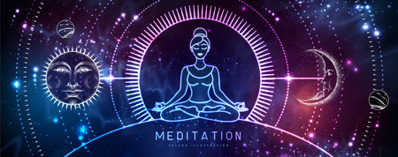 Neon Silhouette of meditating woman. Sun and moon sign with human face on outer space background. Day and nignt. Vector illustrationのイラスト素材