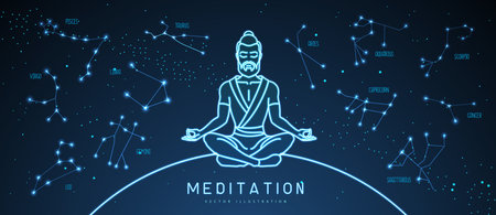 Neon meditating man with zodiac constellations in the night sky. Set of Zodiac signs. Vector illustrationのイラスト素材