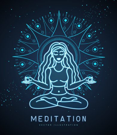 Young Woman meditation in lotus position at the sun dawn. Sun astrology sign. Neon sign. Vector illustrationのイラスト素材