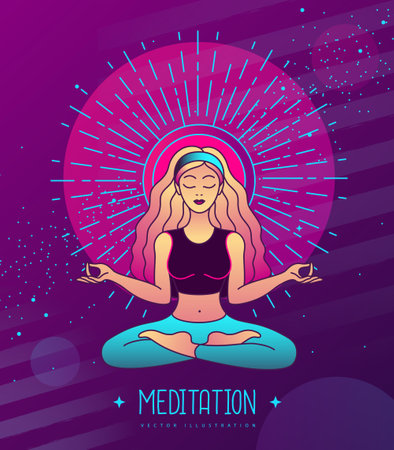 Young woman meditation in lotus position at the sun dawn. Sun astrology sign. Vector illustrationのイラスト素材