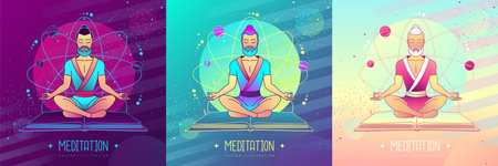 Set of colorful men meditation in lotus position on outer space background. Vector illustrationのイラスト素材