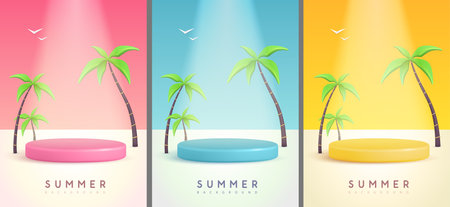 Set of colorful summer backgrounds with plastic stage, palm trees and spot light. Colorful minimal scene. Vector illustrationのイラスト素材